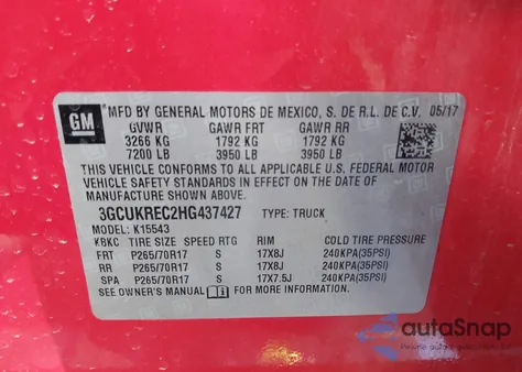 2017 Chevrolet Silverado 1500 1Lt z USA, uszkodzony, nr VIN 3GCUKREC2HG437427